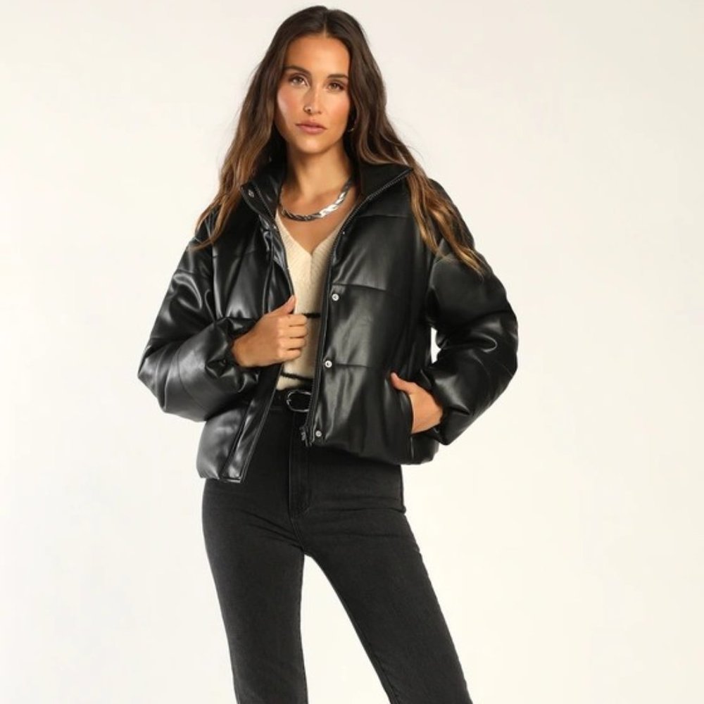 Lulus Black Vegan Leather Puffer Jacket